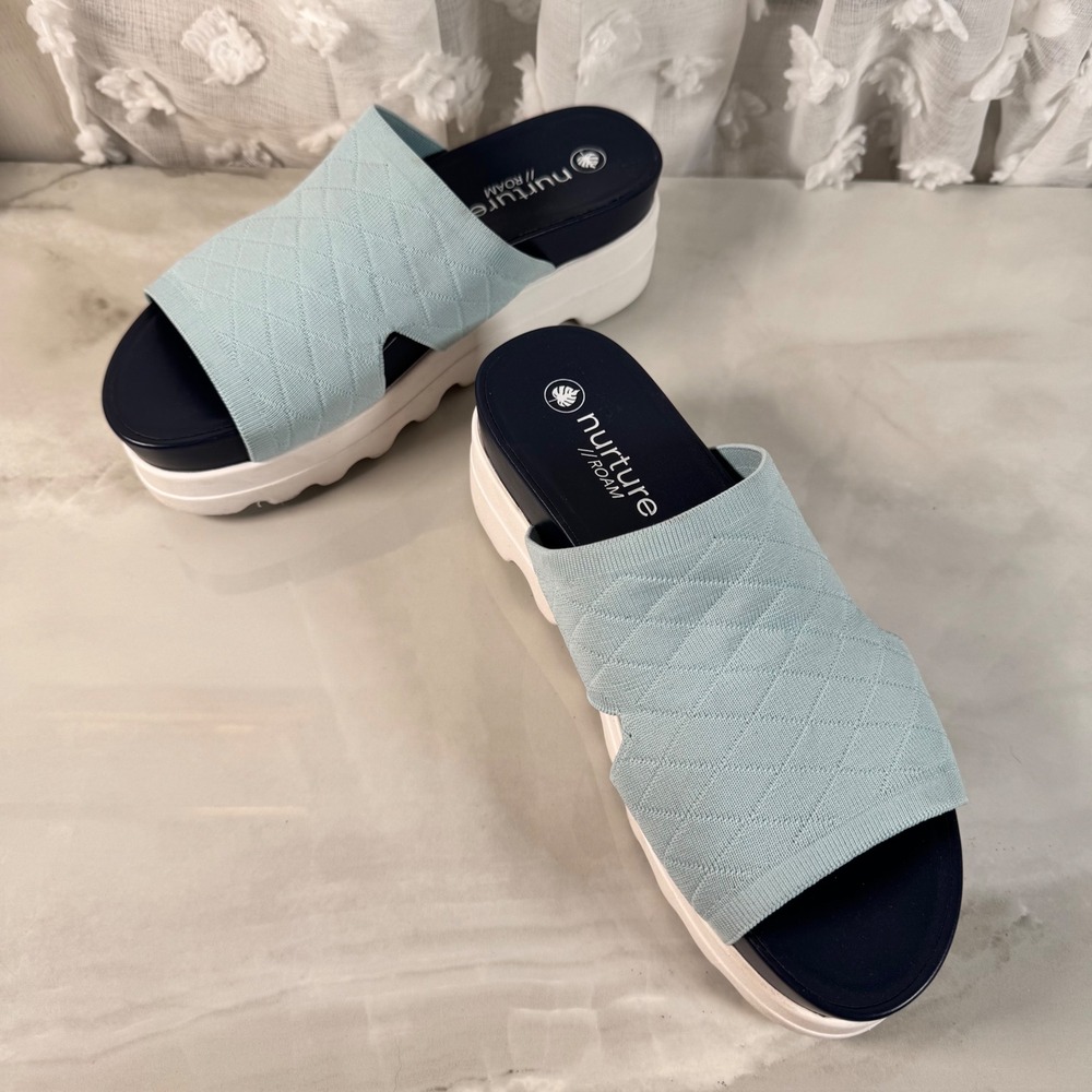 Nurture Roam Willow Platform Slide Sandals Blue Knit Upper Y2K Cut Out Size 11